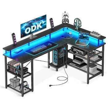 Ігровий стіл ODK зі світлодіодним освітленням, двосторонній ігровий стіл 150102 см з 2 розетками та 2 портами USB для зарядки, великий кутовий стіл із сітчастою полицею, чорний колір з вуглецевого волокна 150102 см з вуглецевого волокна, чорний колір