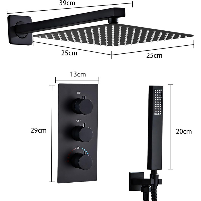 Прихована душова арматура SaniteModar чорна з термостатом, прихована душова система з тропічним душем 25x25 см, прихована душова арматура в комплекті з ручним душем