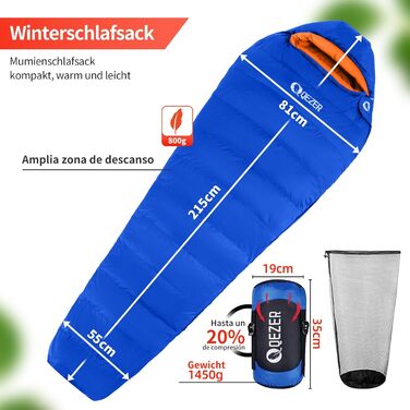 Пуховий спальний мішок, теплий легкий зимовий спальний мішок від 0C до -23C для дорослих та дітей, 4 сезони кемпінгу, використання на вулиці та в приміщенні, сапфірово-синій, 7C