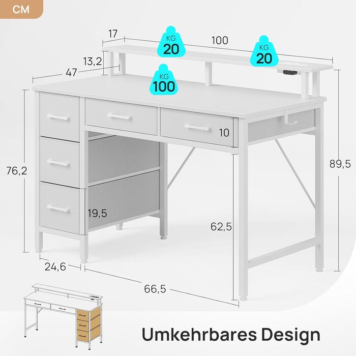 Письмовий стіл Rolanstar з 5 шухлядами, комп&39ютерний стіл з розетками, ігровий стіл зі світлодіодним освітленням, підставка для монітора, для домашнього офісу, спальні, вітальні, офісу (білий, 100) Білий 100