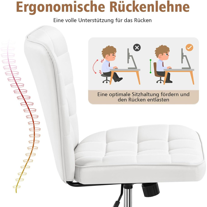 Офісне крісло Yaheetech, стілець для дому, обертове крісло, регульоване по висоті туалетне крісло, офісне крісло без підлокітників, м&39яке крісло з колесами, штучна шкіра білого кольору