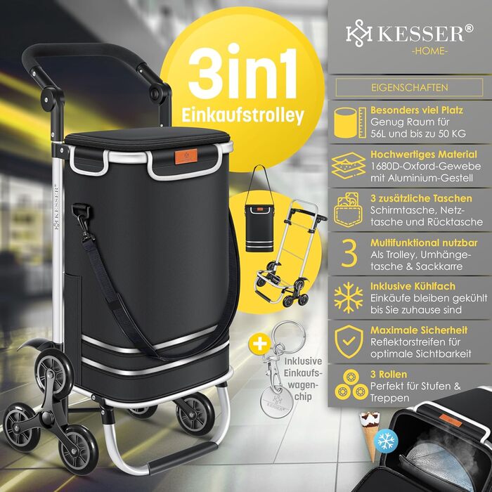 Багатофункціональний візок для покупок зі сходами, з термосумкою, складною конструкцією, місткістю 56л та вантажопідйомністю до 50кг 3-в-1 Візок-драбина, сумка-візок та сумка через плече Складаний візок для покупок з жетоном для покупок, чорний