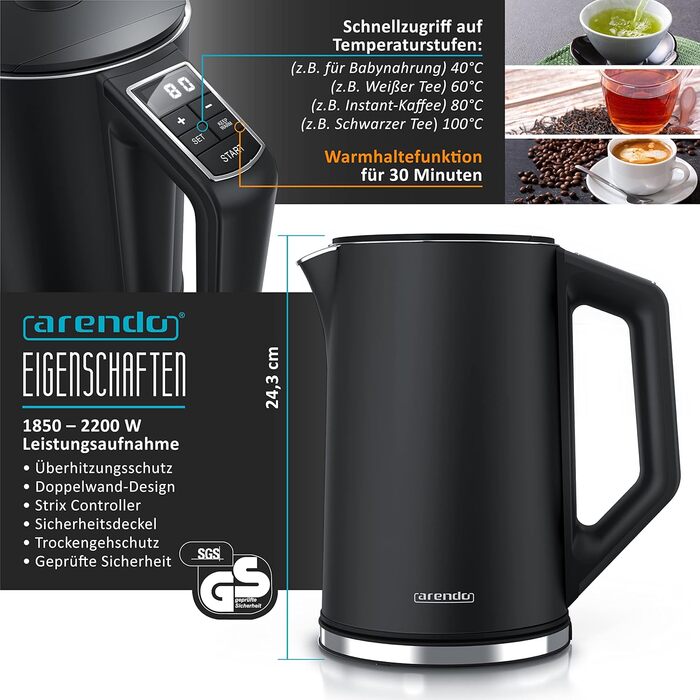 Чайник з тостером SET Нержавіюча сталь чорний, чайник 1,5 л 40 100C Тостер з функцією збереження тепла 4 скибочки LED-дисплей 6 градусів насадки для засмаги