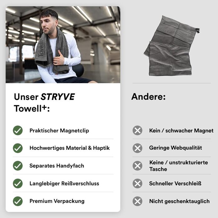 Спортивний рушник STRYVE Оригінальний Towel Платиново-сірий 90 x 40 см Магнітна кліпса та протиковзкий захист Розумний дизайн за найкращою ціною Ідеально підходить для спортзалу