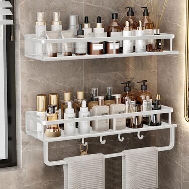 Полиця для душу Devesanter, 2 шт., 40 см, без свердління, для ванної кімнати, з тримачем для рушників та 4 гачками для спальні, вітальні, кухні та ванної кімнати (біла) 40 см