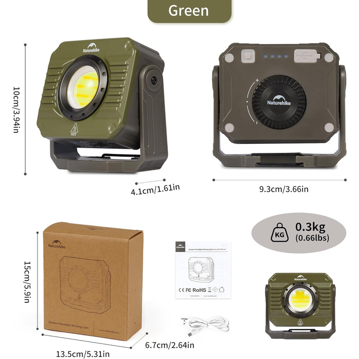 Ліхтар для кемпінгу Naturehike 1200 лм, акумуляторний світлодіодний робочий ліхтар, багатофункціональний, водонепроникний IPX4, 5 режимів світла, ідеально підходить для активного відпочинку на природі та кемпінгу, зелений