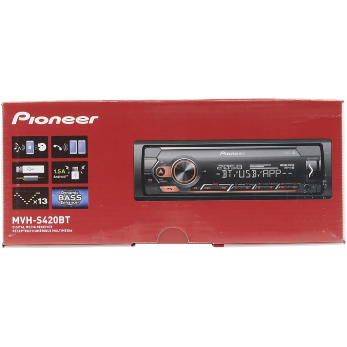 Приймач PIONEER 1-DIN з Bluetooth, червоним/білим підсвічуванням, роз'ємом USB/3.5 мм, Spotify, додатком Pioneer Smart Sync і сумісний з пристроями Apple і Android, червоний/чорний, MVH-S420BT чорний, червоний Bluetooth, iPhone Control Single