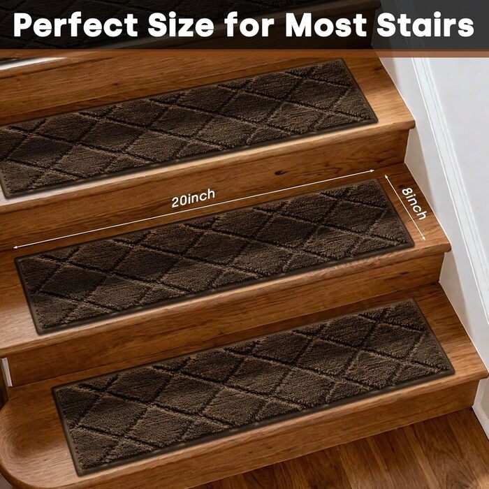Килимки для сходів JOENIE, нековзні, для приміщень, 76,2 x 20,3 см, доріжки для дерев&39яних сходів, окантовка, килимки для сходів для дітей та собак, 100 поліестер, основа TPR (коричневі, 12 шт. ) коричневі 12 шт.