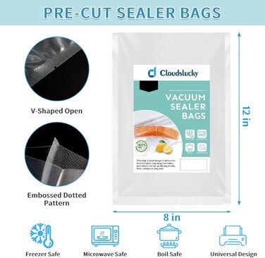 Пакети для вакуумного пакування Cloudslucky Харчові 100 шт. Вакуумні пакети 2030 см Пакети для заморожування Професійні пакети для всіх вакуумних пакувальників, без BPA, киплячі та sous Vide Пакети для вакуумного пакування Вакуумні пакети для їжі 20*30 10