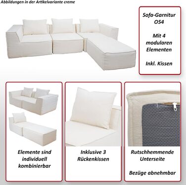 Диван-готель з оттоманкою, модульне розкладання праворуч/ліворуч, тканина/текстиль 63x270x190 см - кремовий, 54