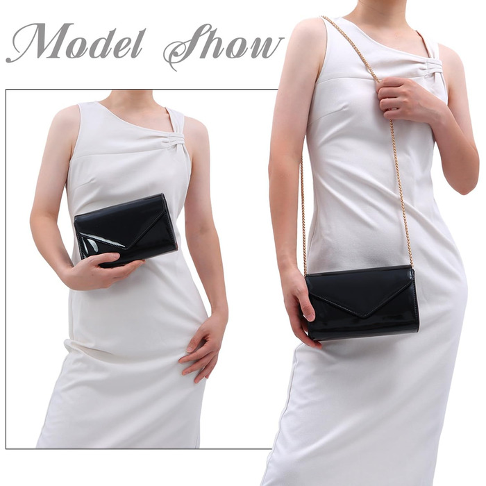 Жіноче лаковане клатч з ланцюжком на плече. Елегантна сумка-кросбоді для вечірок та особливих подій, чорний колір.