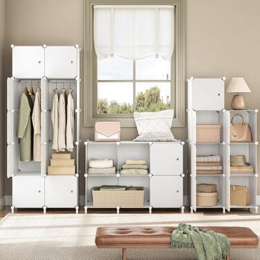 Шафа, Шафа для одягу, Модульна пластикова шафа з 20 кубами, Вставна система полиць з дверима та рейкою для одягу, 2 ряди гачків, 145 x 46,5 x 183 см, Білий EWT45LY01N1