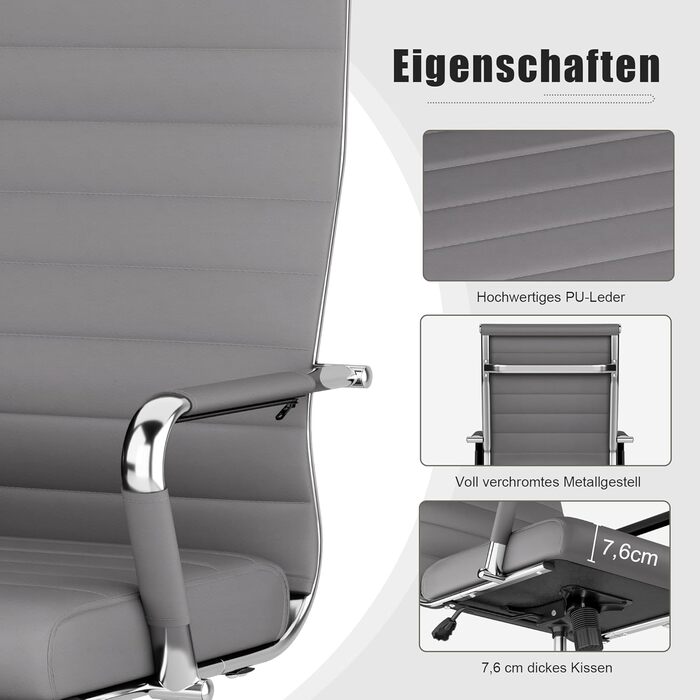 Ергономічне офісне крісло UEV зі штучної шкіри, S-подібна поперекова опора, міцне робоче крісло з підлокітниками, сучасне поворотне крісло, функція гойдання, регулювання висоти до 150 кг, сірий колір