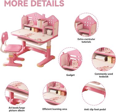 Функціональний комплект столу та стільця для дітей, дитячий стіл зі стільцем, комплект дитячого столу та стільця з регульованою висотою та шухлядою для зберігання речей для хлопчиків та дівчаток. Стілець без губчастої подушки, рожевий стиль C.