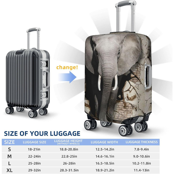 Чохол для валізи Слон, еластичний, що миється, захист багажу для подорожей та роботи (45,7 - 81,3 см), Чорний, Малий, 3D-