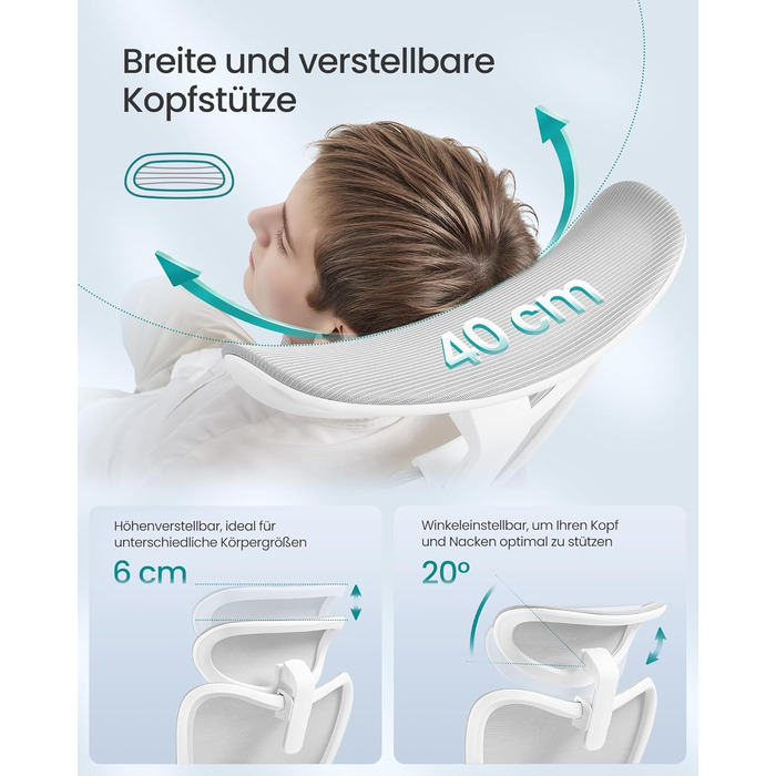 Ергономічне офісне крісло SONGMICS, стілець для роботи, комп&39ютерне крісло, регульований поперековий відділ та підголівник, вантажопідйомність до 150 кг, регульована висота, колір &quotголубий сірий&quot OBN066GD01