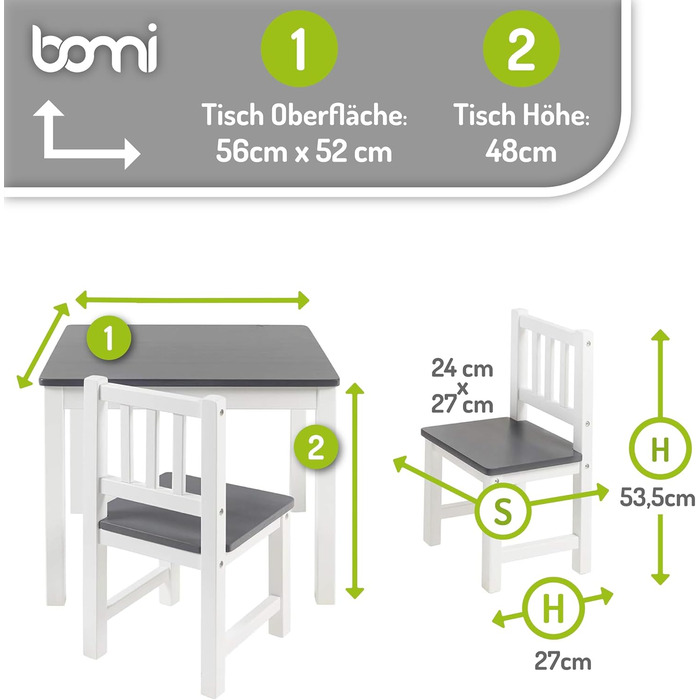 Дитячий дерев&39яний комплект сидіння Bomi Amy Дитячий стіл з 2 стільцями Комплект столу та стільців для дитячої кімнати Ігровий стіл Дитячий стіл для приміщень Дитячий стіл для мистецтва та ремесел Дитячі меблі Біло-сірий Біло-сірий 2 стільці 1 стіл