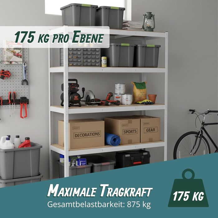 Міцний стелаж Relaxdays, ВxШxГ 200x120x50 см, 875 кг, 5 полиць, полиця для зберігання в підвалі та гаражі, вставного типу, білий/коричневий