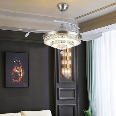 Тихий стельовий вентилятор кришталеві стельові вентилятори зі світлом, сучасні висувні лопаті, люстра, світлодіодний стельовий вен