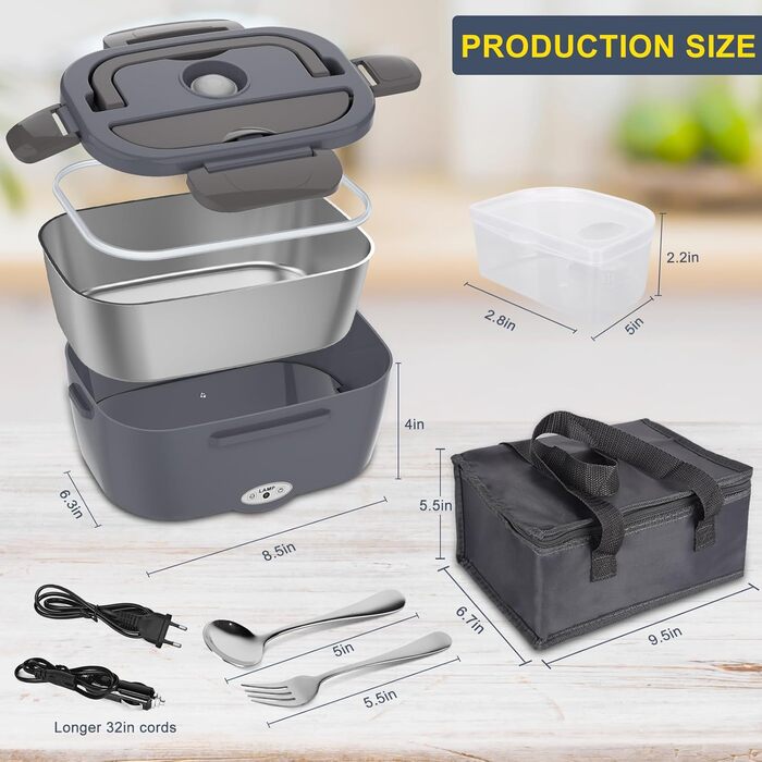 Електричний ланч-бокс 80 Вт Heatbox 1,5 л Портативний термобокс 3-в-1, герметичний ланч-бокс для дорослих, 12 В/24 В/230 В, знімні ізольовані харчові контейнери для автомобіля, вантажівки, офісу, дому, сірий, підключається до мережі