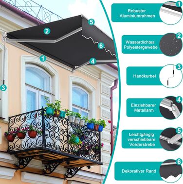 Ручний складаний тент Aufun, балконний тент з алюмінію та поліестеру, висувний сонцезахисний тент з ручним приводом, водонепроникний та стійкий до ультрафіолету для балкону, тераси та використання на вулиці (250x200 см, темно-сірий) 250 x 200 см темно-сір