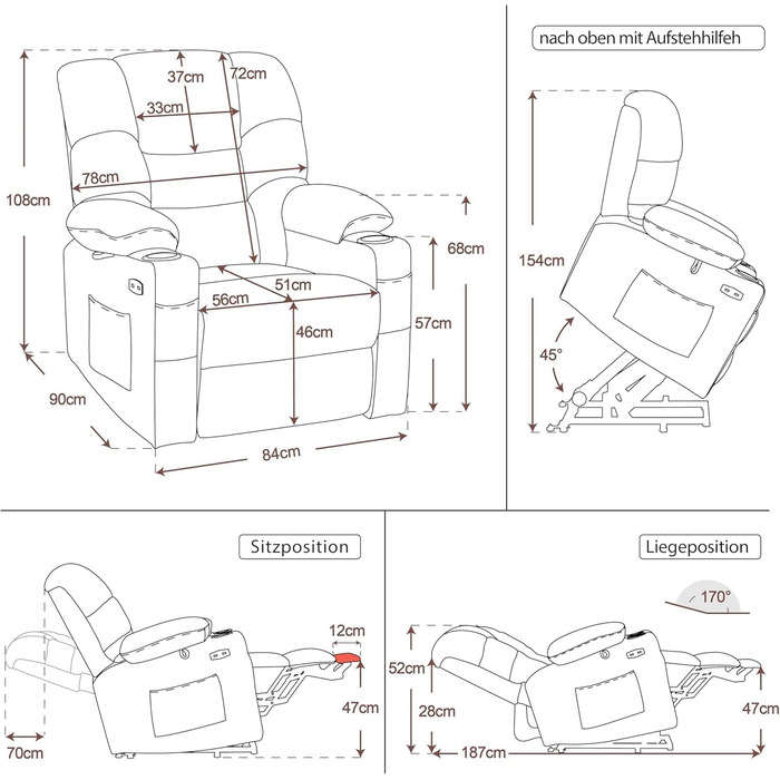 Крісло-реклайнер для телевізора M MCombo з електричним підйомником, 3 двигуни, окремо регульована спинка та підставка для ніг, крісло-реклайнер з функцією горизонтального положення до 170, регульований підголівник 7550 (шеніл, бежевий)