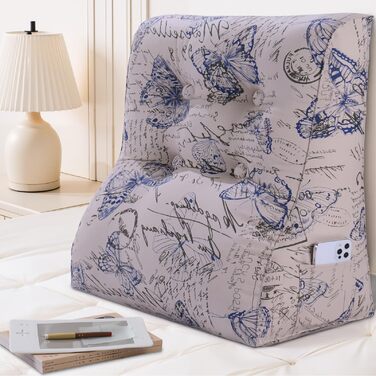 Вигнута подушка для читання для ліжка, узголів&39я, клиноподібна подушка для підтримки спини, піднята спинка для сидіння в ліжку або дивані, зі знімним чохлом, синя з метеликами, 60 см