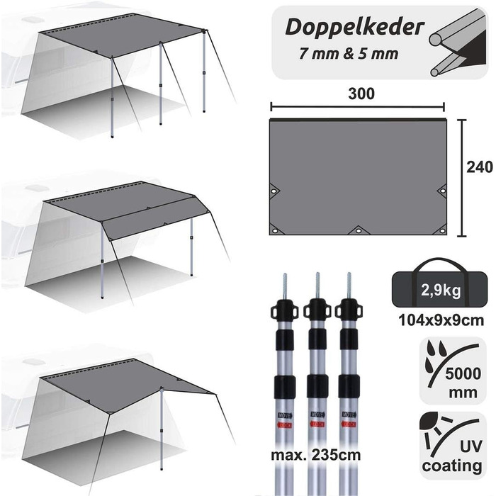 Ваш брезент для каравану GEAR Caravan Sun Sail 3 x 2,4 м Сонцезахисний навіс з палицями УФ 50 захист водонепроникний 5000 мм
