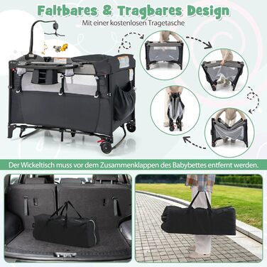 Дорожнє ліжечко 5 в 1 для немовлят, 120 x 60 см, приліжкове ліжко з матрацом та пеленальний столик, музичний мобіль та іграшки, дитяче ліжечко з регульованою висотою для немовлят від народження (темно-сірий)