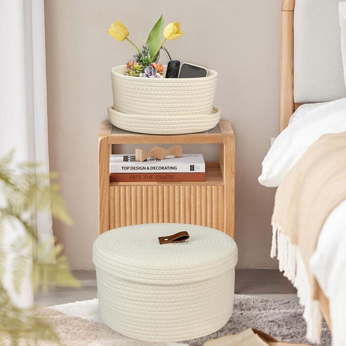 Набір із 2 круглих кошиків для зберігання з бавовняного шнура з кришками, маленьких плетених кошиків з кришками, декоративних полиць-кошиків для іграшок та косметики (28 x 16,5 см/23 x 12,5 см, білий)