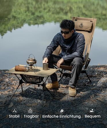 Крісло для кемпінгу OneTigris TIGERBLADE, висока спинка, складне, вантажопідйомність 150 кг, легка трикутна рама, складне рибальське крісло з 2 боковими кишенями, надлегке складне крісло для використання на свіжому повітрі, для походів, колір койот-коричн