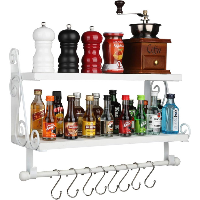 Дерев&39яна настінна полиця, плаваюча полиця, підвісна полиця, 2-рівнева полиця для спецій, кухонна полиця, органайзер для настінних полиць, полиця для ванної кімнати з 8 знімними гачками для ванної кімнати, вітальні, коридору, біла