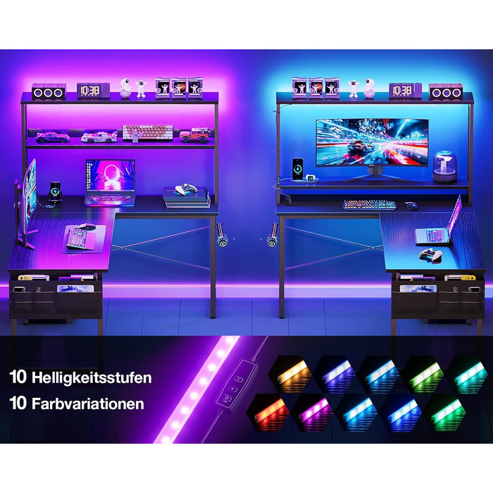 Г-подібний ігровий стіл Coleshome зі світлодіодним освітленням та розетками, 135 x 100 см, двосторонній ігровий стіл з полицями, кутовий стіл із сумкою для зберігання для домашнього офісу та ігор, чорний.