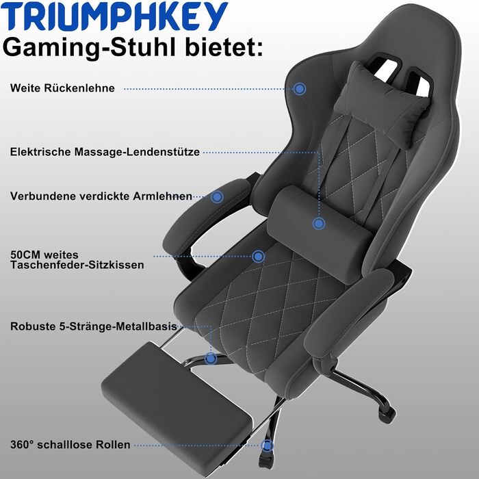 Тканинне ігрове крісло з масажною поперековою опорою, дихаюче офісне крісло ергономічне зі зручною пружинною подушкою та підставкою для ніг, ігрове крісло з підголівником та широким сидінням, темно-сірий/чорний