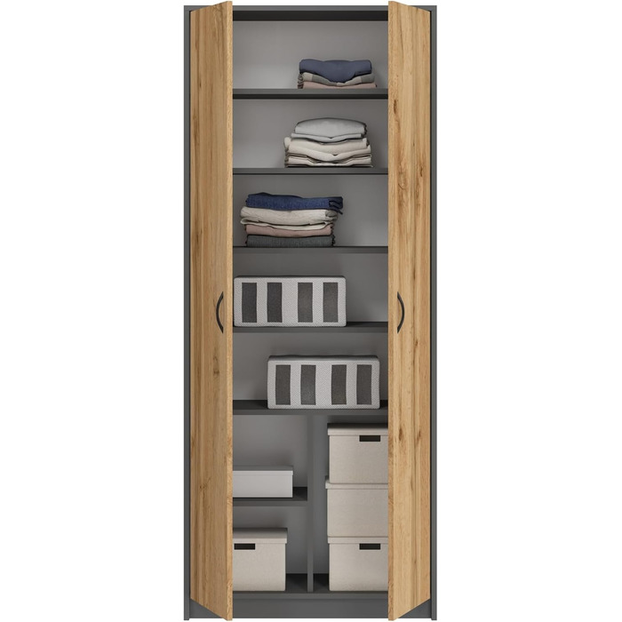 Домашня колекційна шафа, багатофункціональна шафа, полиця, сіра, ширина 74 см, висота 180 см, з шістьма полицями та додатковим відділенням, картотечна шафа, побутова шафа, органайзер, дерев&39яна багатофункціональна шафа 8 полиць, антрацит/дуб