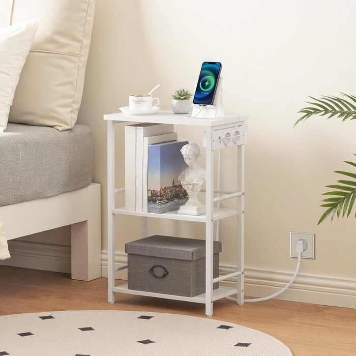 Вузький приставний столик, 3 полиці, тумбочка біля ліжка, журнальний столик із зарядною станцією, столик до дивана, столик до вітальні з місцем для зберігання, для невеликих приміщень, вітальня, спальня, білий AETWT29UE01