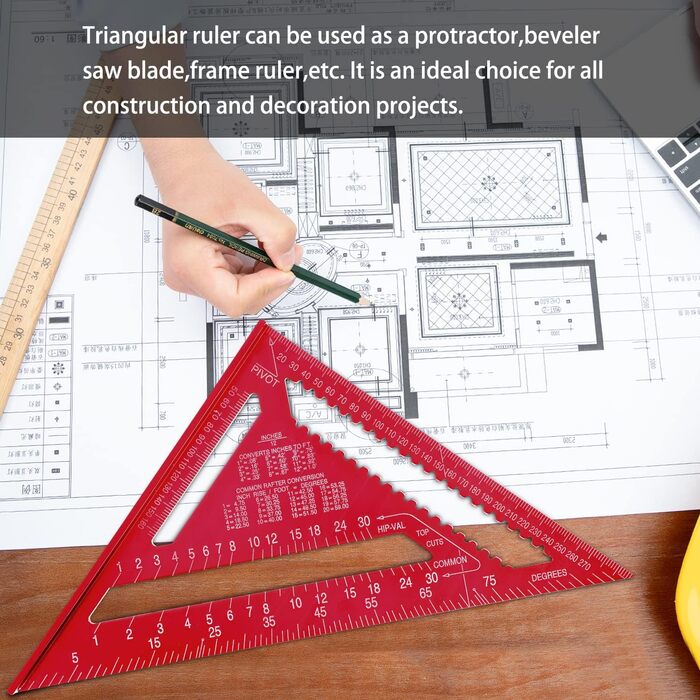 Дюймовий теслярський косинець, метричний трикутник, трикутна лінійка кутова металева для дизайну оздоблення, вимірювання кутів, зроби сам (червоний), 12-