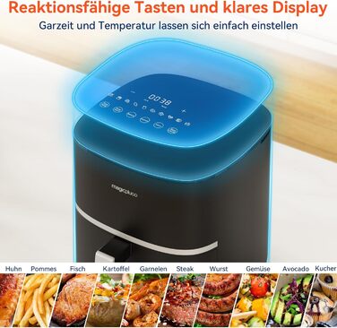 Фритюрниця magicplux 5.5 л XXL, фритюрниця 1500 Вт з 13 попередньо запрограмованими, з цифровим світлодіодним сенсорним екраном, технологія рівномірного нагрівання X CYCLONE AIR, з 21 рецептом, можна мити в посудомийній машині, чорний без вікон