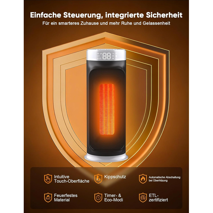 Розумний енергозберігаючий вентилятор-обігрівач, 1800 Вт PTC обігрівач з WiFi/додатком/Alexa/голосовим керуванням Google для використання в приміщенні, обігрів та охолодження 2 в 1, обігрівач для ванної кімнати, домашнього офісу, спальні, чорний Smart WiF