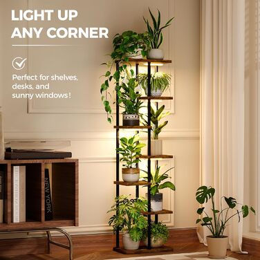 Підставка для квітів Bamworld з підсвічуванням для рослин, 7-рівнева кутова полиця для рослин з дерева та металу, міцний тримач для кімнатних рослин для вітальні, балкона, спальні, прикраса полиці для рослин, 7 рівнів