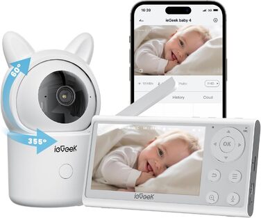Радіоняня ieGeek із камерою та додатком, інтелектуальне нічне бачення, 1080P/4,3 дюйма Wi-Fi Video Radio Baby Monitor PTZ 355, авт