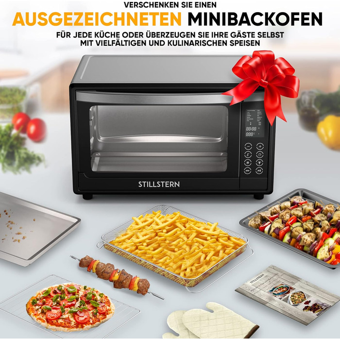 Міні-духовка Stillstern з конвекцією (35 л) Німецька версія, 13 програм, аксесуари деко, вертел, рукавички, LED-дисплей, 1600 Вт, тостер, гриль, піч для піци, міні-піч ідеально підходить для кемпінгу