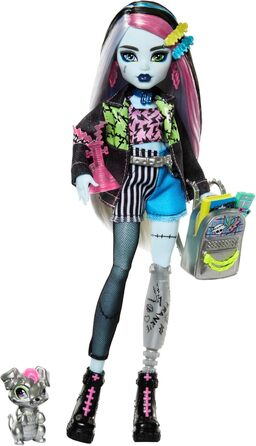 Лялька Monster High Френкі Штайн у джинсовій куртці та шортах, також включає її собаку Вотзі та аксесуари, такі як рюкзак, перекус та блокнот, HXH73