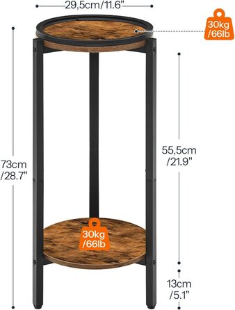 Журнальний столик HOOBRO, маленький столик, 2-ярусний круглий журнальний столик, столик-диван, столик для напоїв, для невеликих приміщень, вітальні, спальні, вінтажний коричневий та чорний EBF167BZ01