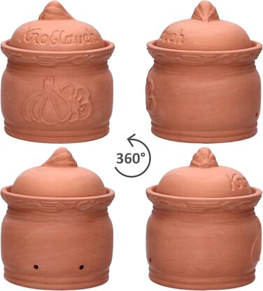 Горщик для часнику MamboCat Terra з теракоти Ø 12,8 см Глиняний горщик з кришкою для вашої кухні Гарної форми контейнер для зберігання з рельєфним малюнком та написами Ідеально підходить для тривалого зберігання