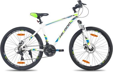 Гірський велосипед для дорослих HILAND 26/27,5 дюймів, MTB з алюмінієвою рамою, механічні дискові гальма, 21 швидкість, амортизаційна вилка, MTB велосипед для чоловіків та жінок, білий, 26 дюймів