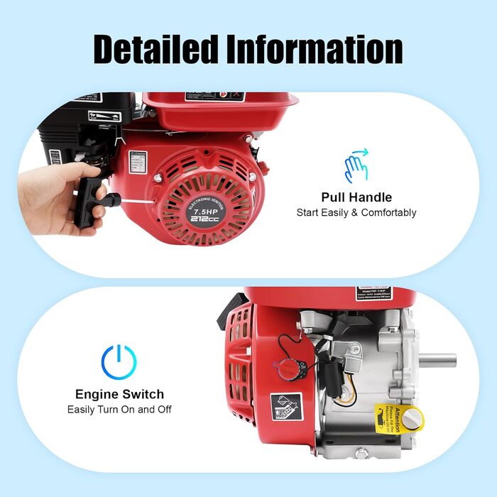 Тактний аварійний генератор, 7,5 к.с., бензиновий двигун, автоматичне відключення при низькому рівні оливи, підходить для сільського господарства тощо., 4-