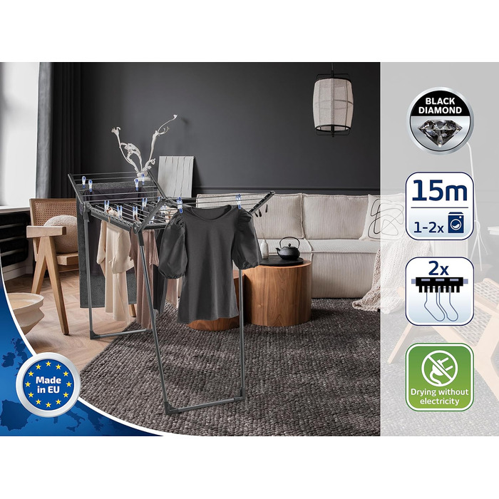 Сушильна машина Leifheit Pegasus 150 Solid Black Edition, стійка сушильна машина з крилами, також для довгих речей, особливо вузьк