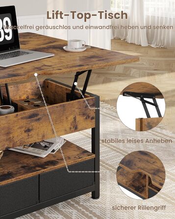 Журнальний столик з регульованою висотою, багатофункціональний стіл для вітальні 3-в-1, журнальний столик з 2 шухлядами, приховане місце для зберігання речей, відкрите відділення, можна використовувати як обідній стіл, для вітальні, офісу, коричневий