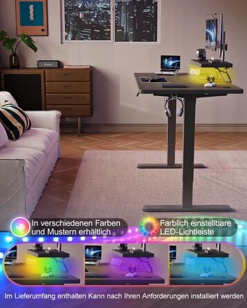 Стіл Airfish з регульованою висотою 120 x 60 см зі світлодіодним освітленням, електрично регульований по висоті стіл зі знімним кріпленням для монітора, регульований стіл для домашнього офісу та ігор, чорний 120 x 60 см
